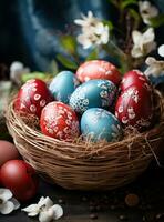 AI generated red dyed easter eggs in basket with greenery, photo