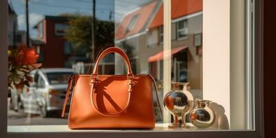 AI generated a brown leather handbag in the window of a shopping store, photo