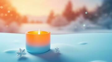 AI generated image of a candle burning in a winter scene, photo