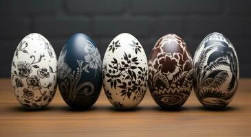 AI generated five painted wooden Easter eggs on a wood, photo