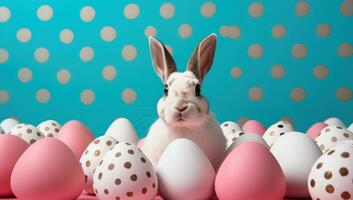 AI generated a white rabbit is among eggs on a bright blue background, photo