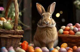 AI generated rabbit sitting near easter baskets with easter eggs, photo