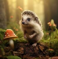 AI generated a baby hedgehog sits still and looking at the camera, photo