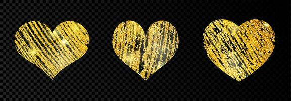 Set of three heart with goldens glittering scribble paint on dark transparent background. Background with gold sparkles and glitter effect. Empty space for your text. Vector illustration