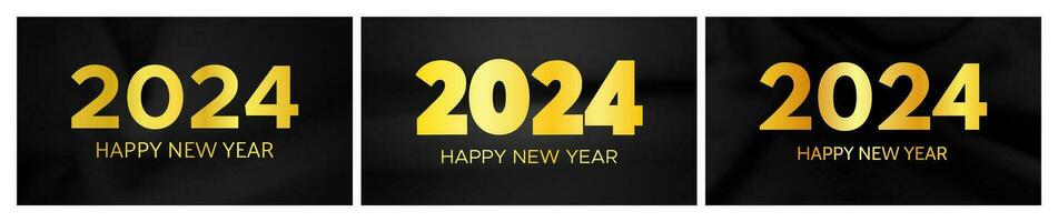 2024 Happy New Year background. Set of three modern greeting banner templates with gold 2024 New Year numbers on crumpled dark silk background. Vector illustration