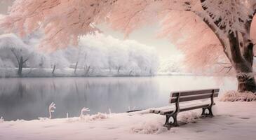 ai generado un parque banco y arboles en el bancos de un lago con nieve, foto