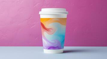 AI generated paper coffee cup with blank front, realistic on a mockup template in a colorful abstract photo