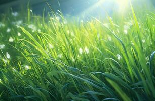 AI generated beautiful fresh grass has the sun in its spot, photo