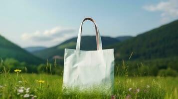 AI generated Cotton white plain tote bag ith blank front, realistic on a mockup template in a green meadow photo