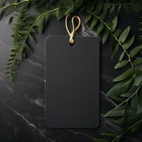 AI generated black blank tag with blank front realistic on a mockup template in a black stone table photo