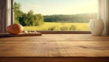 AI generated kitchen wooden table with large windows overlooking field, photo