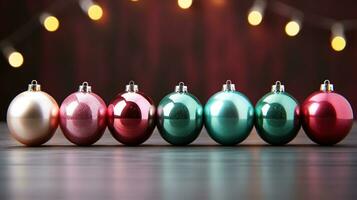 AI generated christmas baubles line up in rows on a shiny surface, photo