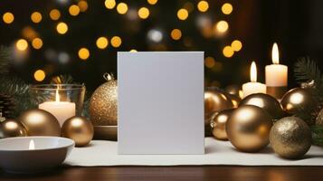 AI generated White greeting card with blank front, realistic on a mockup template in a wooden table in a christmas luxuty background in home inside, photo