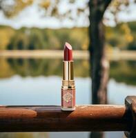 AI generated a lipstick is shown sitting on a wooden bench beside a natural lake, photo