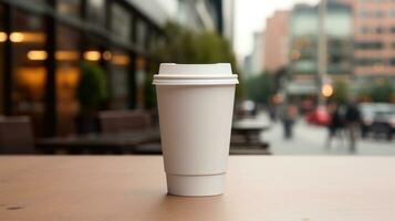 AI generated paper coffee cup with blank front, realistic on a mockup template in a luxury store, photo