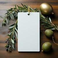 AI generated white blank tag with blank front realistic on a mockup template in a white wooden table with olive leaf branch photo