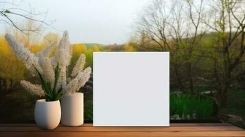 AI generated White greeting card with blank front, realistic on a mockup template in a wooden table in a easter luxuty background in home inside, photo