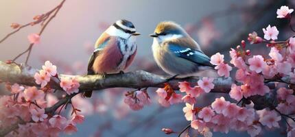 ai generado pequeño aves sentar en un rama con rosado flores, foto