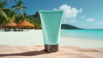 AI generated Cosmetic product with blank front, realistic on a mockup template in a sand in a tropical beach photo