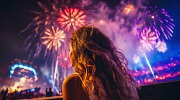 AI generated girl is holding back her hair and looking at fireworks photo