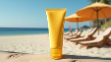 AI generated yellow cosmetic sunscreen with blank front, photo