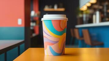 AI generated paper coffee cup with blank front, realistic on a mockup template in a colorful abstract photo