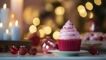 AI generated pink christmas cupcake next to an electronic fire place as christmas lights, photo