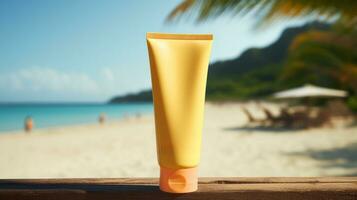 AI generated yellow cosmetic sunscreen with blank front, photo