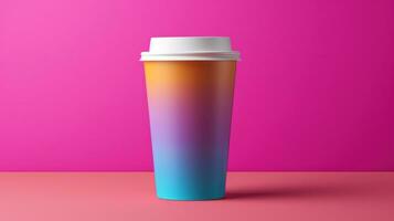 AI generated paper coffee cup with blank front, realistic on a mockup template in a colorful abstract backgrounde, photo