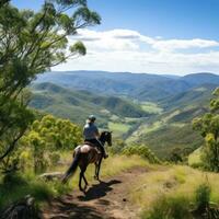 ai generado un jinete y caballo atravesando un devanado montaña camino, con maravilloso puntos de vista de paisaje foto