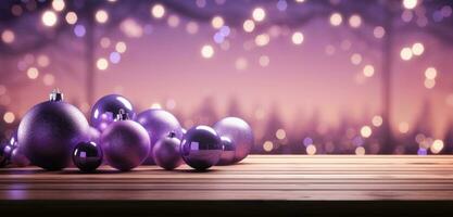 AI generated a purple tree with balls and decorations sitting on a wood floor, photo