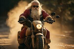 ai generado Papa Noel en moto con grande malo. foto