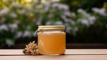 AI generated jar of honey with blank front realistic on a mockup template in a wooden table in a summer garden with bee, photo