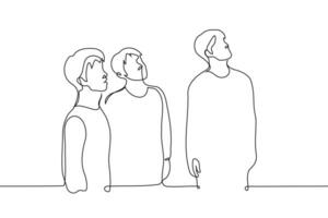 men stand and look up in one direction - one line art vector. concept observers of a celestial object, eyewitnesses vector