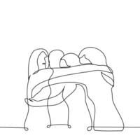 quartet of women hugging together - one line art vector. the concept female solidarity, teamwork, female friendship, girlfriends vector