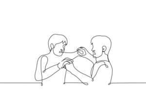 two men fight physically - one line drawing vector. concept of collision, fight, push or crush each other vector