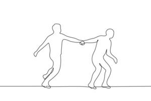 man runs grabbing the hand of another - one line drawing vector. concept silhouette of running people one of which leads vector