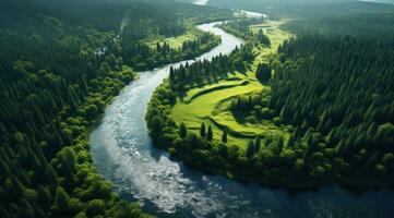 AI generated aerial view of a river flowing in middle of a forest, photo