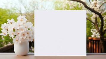 AI generated White greeting card with blank front, realistic on a mockup template in a wooden table in a easter luxuty background in home inside, photo