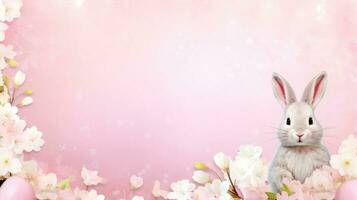 AI generated pink background with a cute and whimsical Easter bunny in the center, surrounded by spring flowers photo