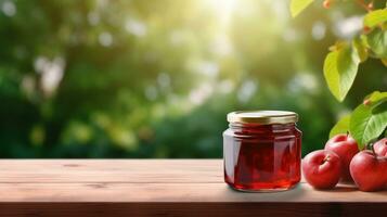 AI generated jar of appple jam with blank front realistic on a mockup template in a wooden table in a summer garden photo