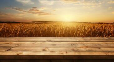 ai generado de madera mesa en antecedentes de un trigo campo y atardecer, foto