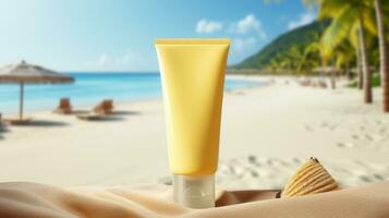 AI generated yellow cosmetic sunscreen with blank front, photo