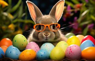 AI generated rabbit sitting near easter baskets with easter eggs, photo