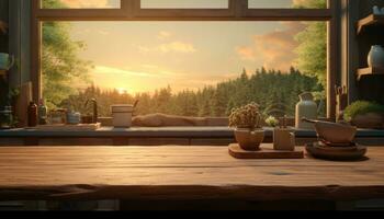 AI generated a large kitchen with a wood table in front of a view photo