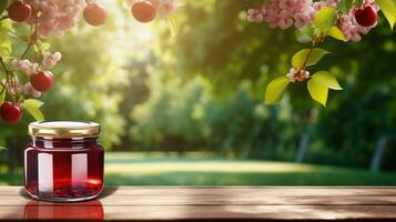 AI generated jar of cherry jam with blank front realistic on a mockup template in a wooden table in a summer garden photo