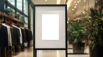ai generado póster imagen con blanco frente realista en un Bosquejo modelo en un ladrillo pared en un lujo moderno ropa comercio, foto