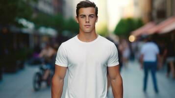 AI generated Young man athlete in casual white t-shirt realistic on a mockup template in a street in a summer city photo