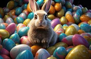 AI generated the little bunny is sitting among many coloured eggs, photo