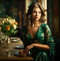 ai generado un dama en un verde vestir posando en un comida habitación, foto